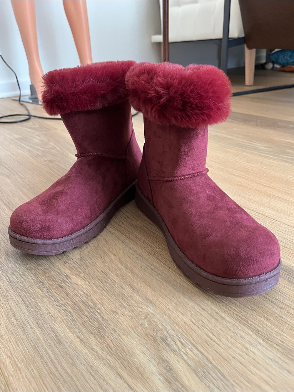 SO Pauline Wine Faux Suede Faux Fur-Cuff Boots